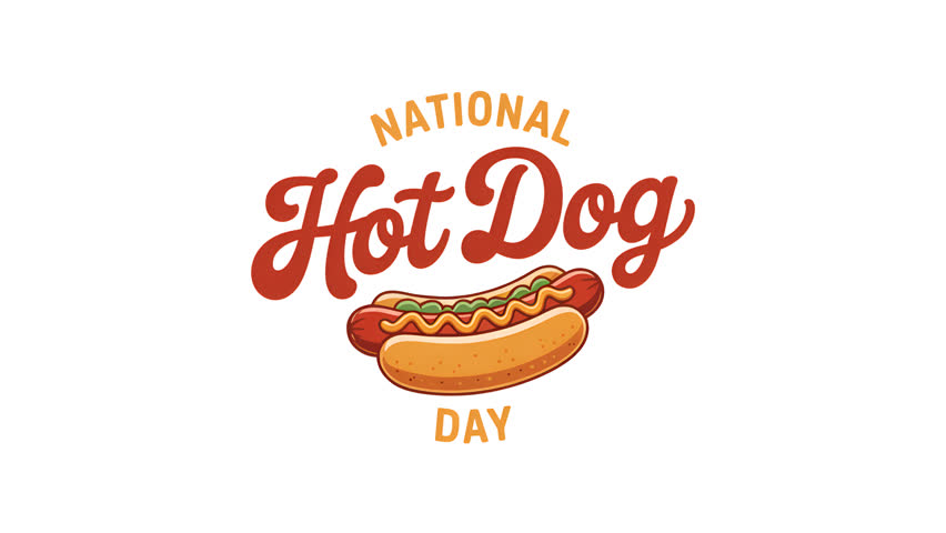 National Hot Dog Day : animated text on a white background. for food promotions and celebration intros.