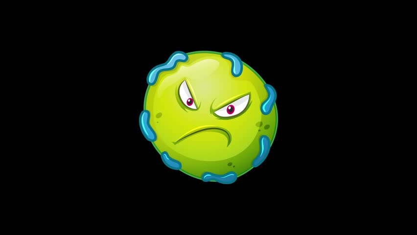 A virus character morphs and rotates against changing backgrounds, transitioning from black to white to green