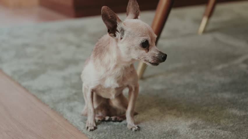 small elderly dog with upright ears on carpet in softly lit home interior