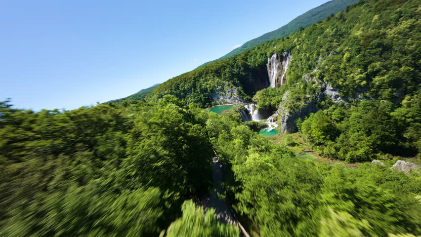 Abundant Green Nature And Several Cascades At Plitvice Lakes National Park In Croatia. FPV