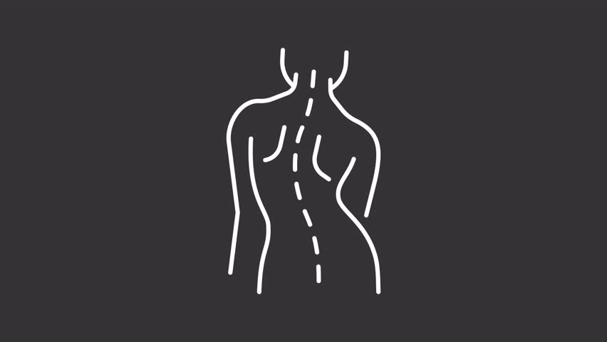 Scoliosis white line animation. Spine health animated icon. Moving dotted line. Physiotherapy, osteopathy. Body anatomy, treatment. Isolated element on dark background. Alpha transparent video