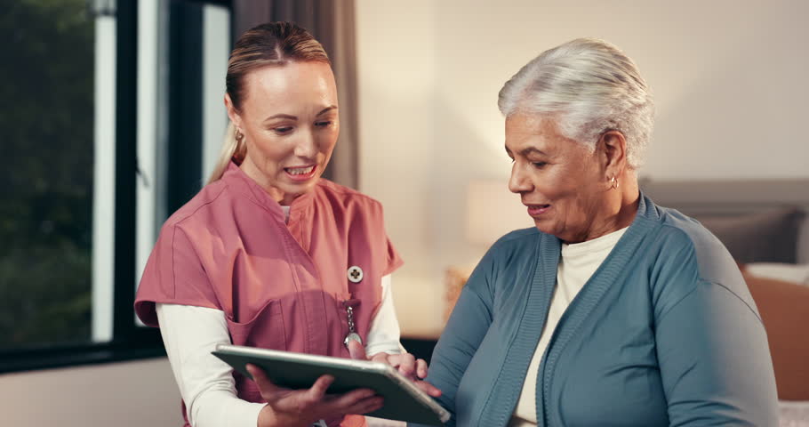 Tablet, consultation and nurse with senior woman in home for research on treatment plan. Medical checkup, technology and caregiver with elderly female patient with diagnosis in bedroom at house.