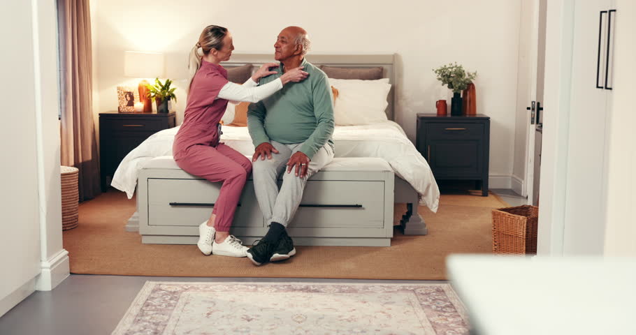 Nurse, mature man and help for dressing in retirement home with bedroom, support and conversation. Healthcare, caregiver and senior pensioner for comfort, communication and elderly care advice