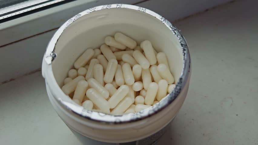 man hand take sport supplement pills. container filled with white capsules, suggesting daily supplements, medication, or vitamins for health and wellness. daily dose dietary supplement oral medication