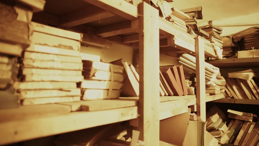 Old classified documents stored on dusty archive shelves in historical records department. Vintage paperwork, archival files, official reports preserved in secure archival. Secret document heritage 