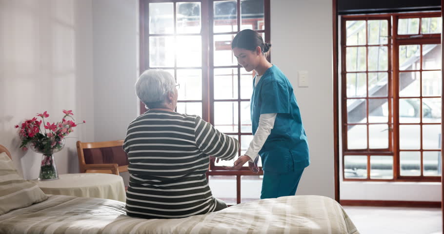Home, nurse and old woman with help, support and recovery with retirement, smile and health. Pensioner, elderly person and caregiver with balance, empathy or rehabilitation with wellness or healing