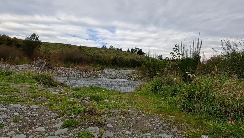 Camera steadily advances across grassy terrain toward a shallow, rocky stream under overcast skies, capturing natural textures and tranquil autumn landscape