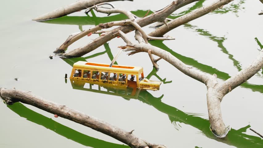Toy yellow School Bus sunk Among Submerged Tree Branches Symbolizing Urban Flood Disaster With Child Casualties