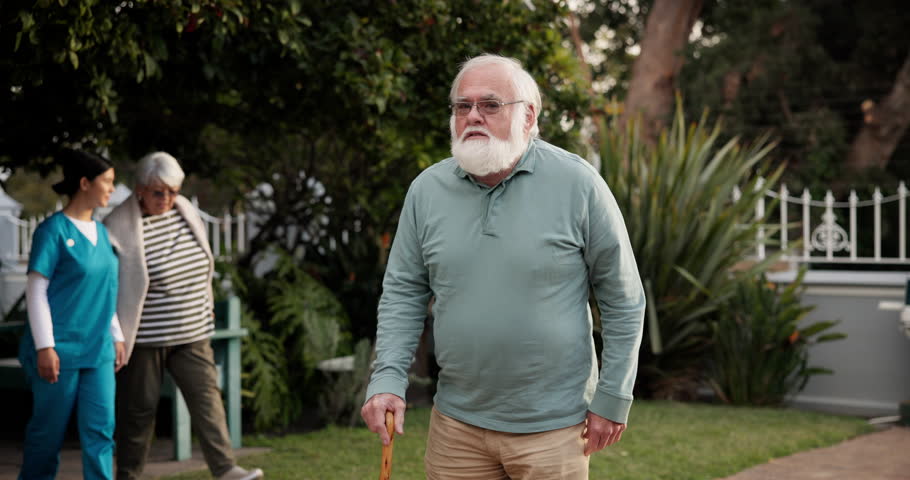 Happy, senior man and face with walking stick at nursing home for retirement or assisted living. Portrait, male person or smile with cane for elderly care, mobility or healthcare at old age house