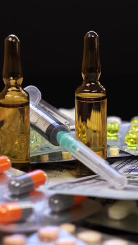 Ampoule Medications, Syringes, Pills and US Dollar Bills Rotating on Black Background - Panning Shot. Medication costs. The rising costs of pharmaceuticals. Revenues of the pharmaceutical industry.