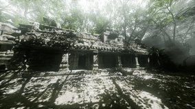 Mysterious temple ruins nestled in dense Cambodian jungle, bathed in dawn light, surrounded by towering trees and intricate stone carvings, inviting exploration and awe. - Powered by Shutterstock - Get 15% off with code: PIKWIZARD15