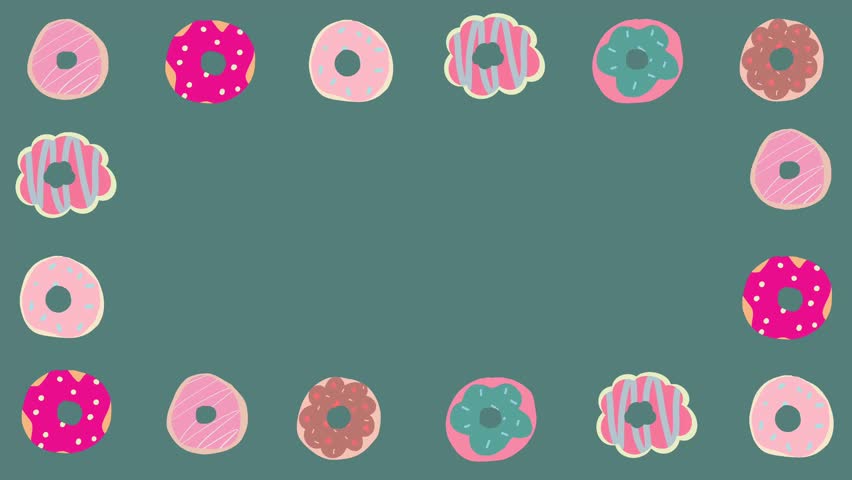 Animated cute pastel assorted donuts border frame on green background, showcasing colorful frosted donuts in a fun and whimsical style.