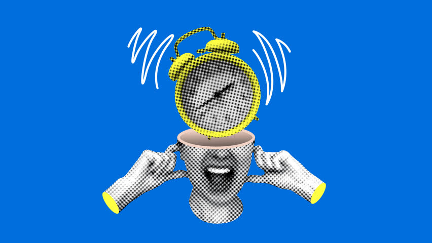 Deadline concept. Modern collage with indignant female head with an ringing alarm clock inside. Woman plugging her ears with her fingers. Halftone alarm clock is ringing. Morning awakening. Animation