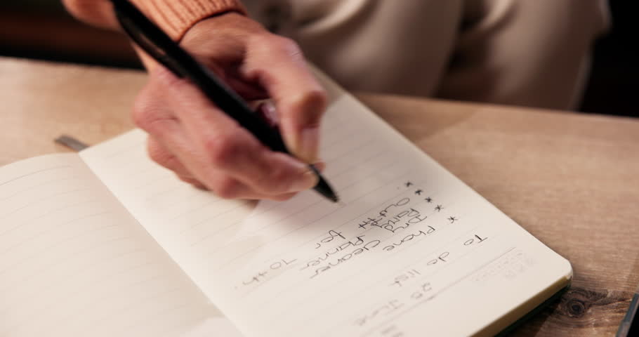 Hand, to do list and writing with person in living room of home for planning or reminder of tasks. Diary, journal or notebook with senior woman in apartment for agenda, checklist or event schedule