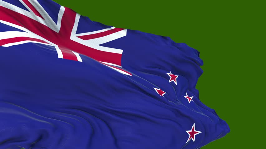 New Zealand Flag. Close-up of the New Zealand flag waving in the wind. The New Zealand flag is circular. Green screen