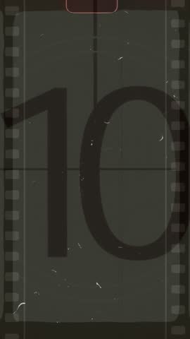 Vertical Film Leader Countdown 10 to 0, Old Movie Countdown Film Reel 10 second, Imitation of an Old Movie with Noise and Scratches.