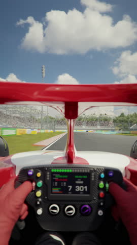 Driver point of view shot of a race car doing a full lap on the track overtaking an opponent and crossing the finish line. Looping video. POV. Car point of view. 3d animation rendering.