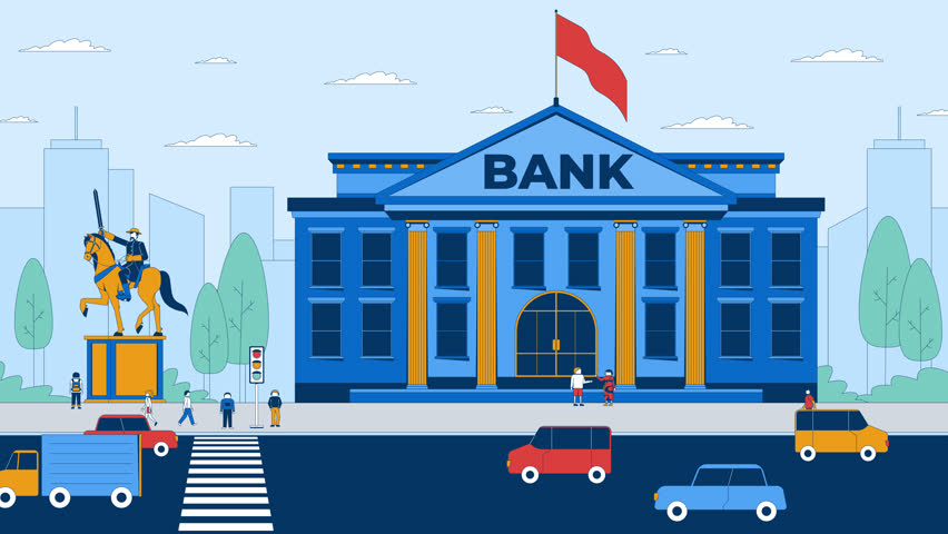 City bank building with people and urban traffic 2D cartoon animation. Busy cityscape with financial district, pedestrians and cars animated flat characters 4K video background scene storytelling