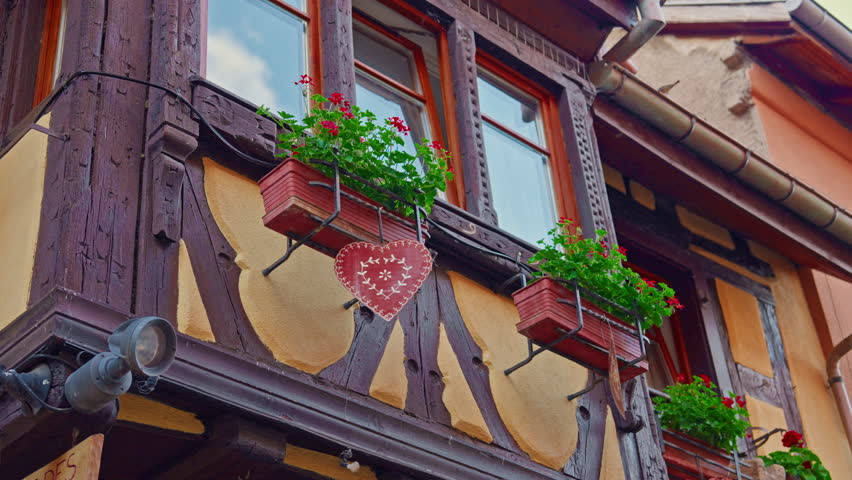 Traditional old alsatian houses with flowers of Eguisheim in France, Alsace