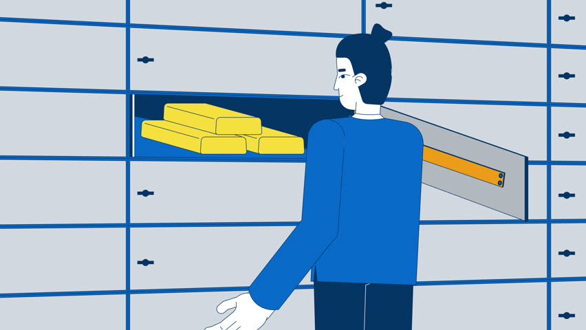 Bank employee examining gold bars in safe deposit box 2D cartoon animation. Secure asset management. Man appraising goldbars inside vault animated flat character 4K video background scene storytelling