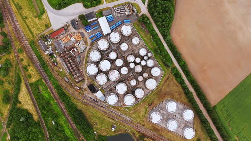 Drone smoothly lowers altitude and closes in on one industrial storage container