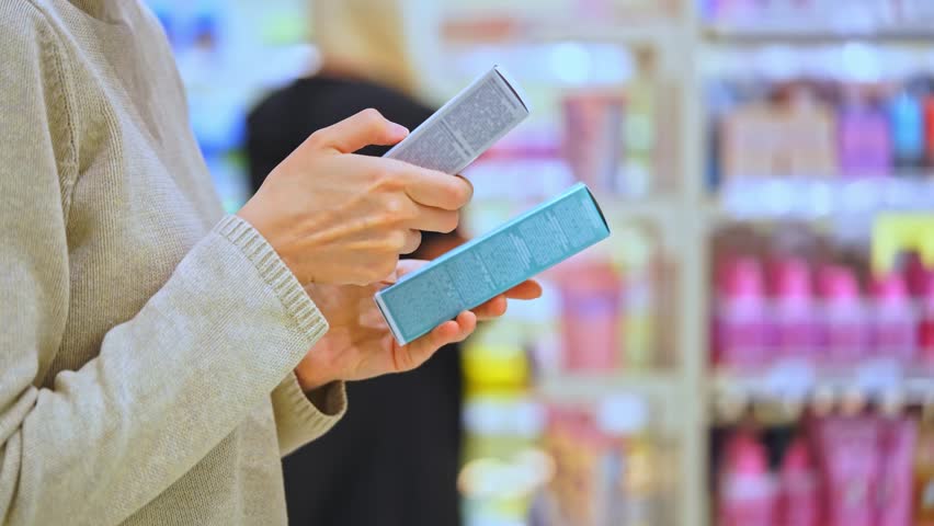 Woman selecting a cosmetic serum for face or hair in a beauty store, reading ingredients, comparing products. Female customer holding skincare or haircare item. Concept of conscious choice, self-care.