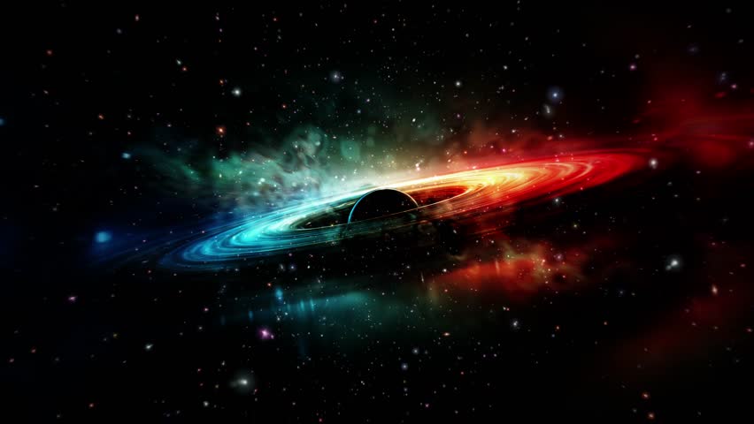 4K 3D Loop Space exploration space travel black hole and colorful stars fields in outer space science fiction background. Black hole and a disk of glowing plasma abstract 