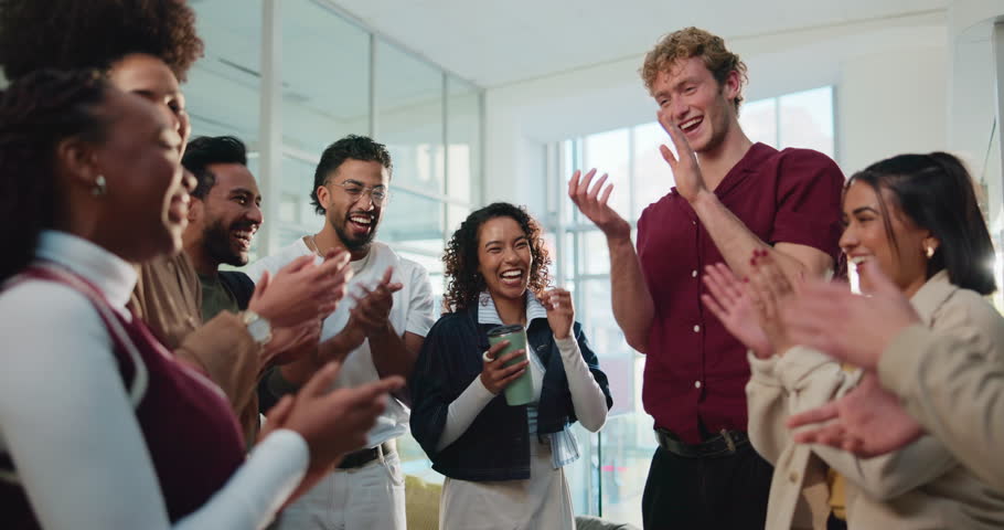 College student, applause and happy for exam results, goal or scholarship winner at campus library. People, group and celebration for success, smile or support for education achievement at university