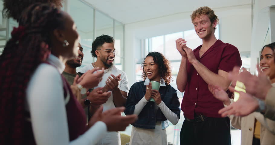 College student, applause and happy for exam results, goal or scholarship winner at campus library. People, group and celebration for success, smile or support for education achievement at university