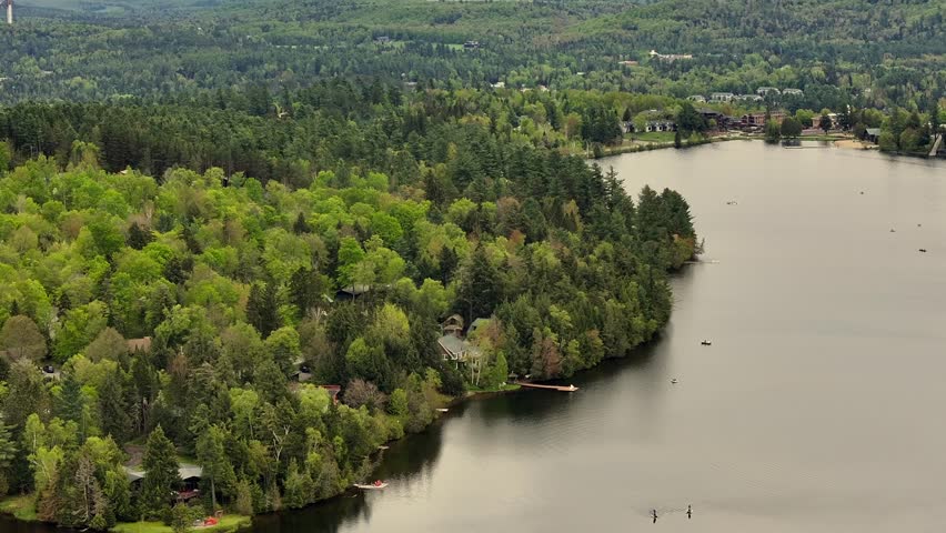 Aerial view of Mountains in the background and Mirror Lake in New York