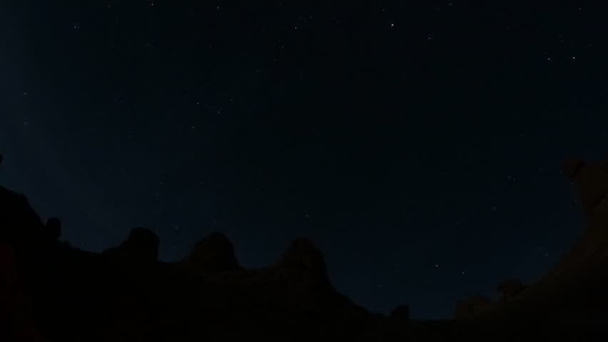 A timelapse of startrails over rocky pinnacle outcrops in the desert at night