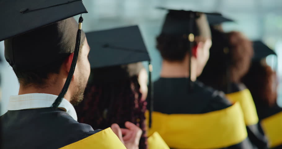 Man, students and applause at graduation event for education, achievement and announcement. Back, people and clapping hands in row for award ceremony, academic success and congratulations for diploma