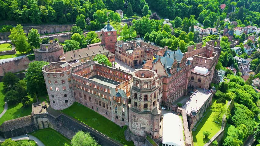 4K Aerial Drone Video of the Historic Castle on Königstuhl Hill overlooking Heidelberg, Germany