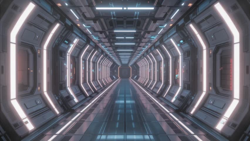 Futuristic sci-fi corridor with glowing neon lights, metallic textures, and symmetrical architecture. Ideal for tech presentations, cinematic projects, and digital concept backgrounds. - Powered by Shutterstock - Get 15% off with code: PIKWIZARD15