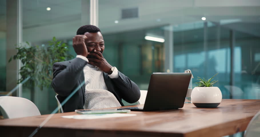 Excited, employee and man with laptop, office or reading positive feedback on email, success or app. Happy, sales manager and smile for financial growth, achievement and black person with technology