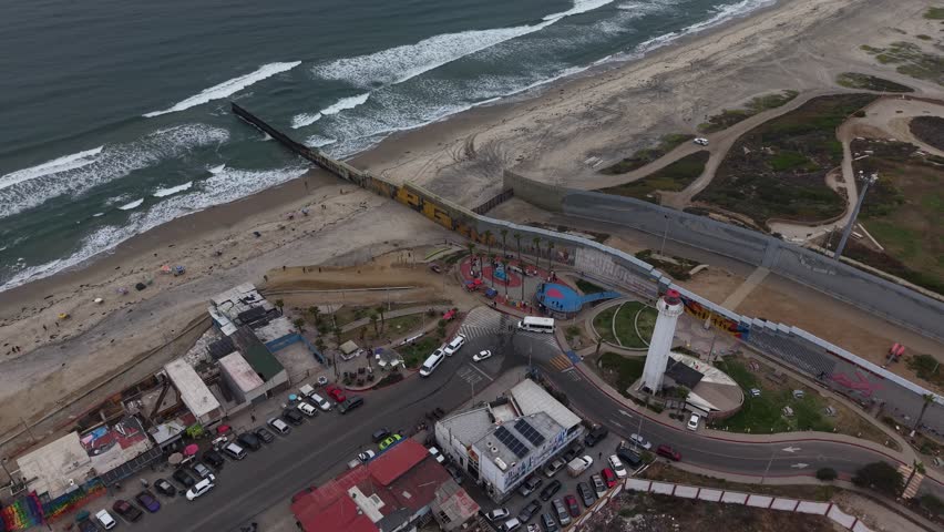 Aerial view of the border wall between Mexico and the United States, located in Playas de Tijuana, Mexico, and San Diego, California on the U.S. side.