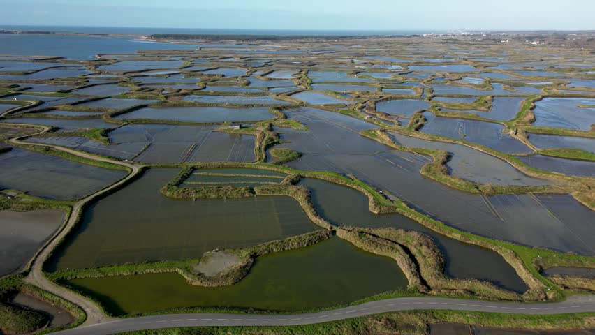 Scenic landscape footage of the slat marshes near Guerande, France, 4k