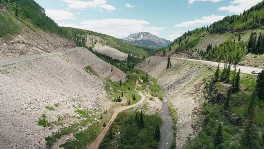 Aerial push of a road winding in the San Juan mountains.