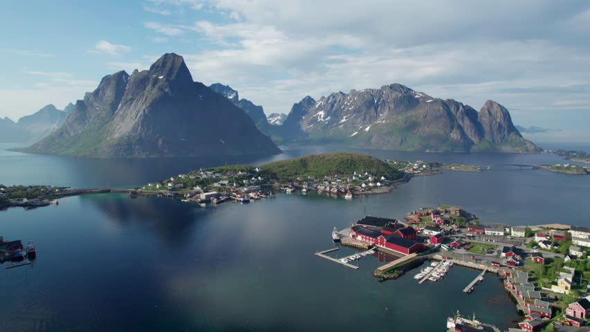 Aerial view of Reine, a fishing village and administrative center of the municipality of Moskenes, Nordland, Norway