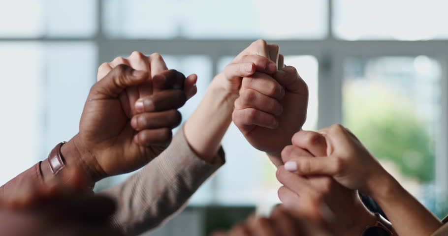 Holding hands, praying and group in church, holy spirit or worship Jesus Christ, together or belief. Religious, community and people with faith in chapel, praise and Christian with respect for God