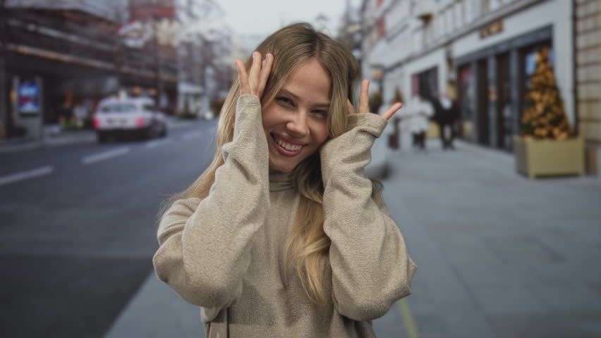 Blonde woman in beige sweater covers face with hands for peekaboo gesture on city street; playful joy.