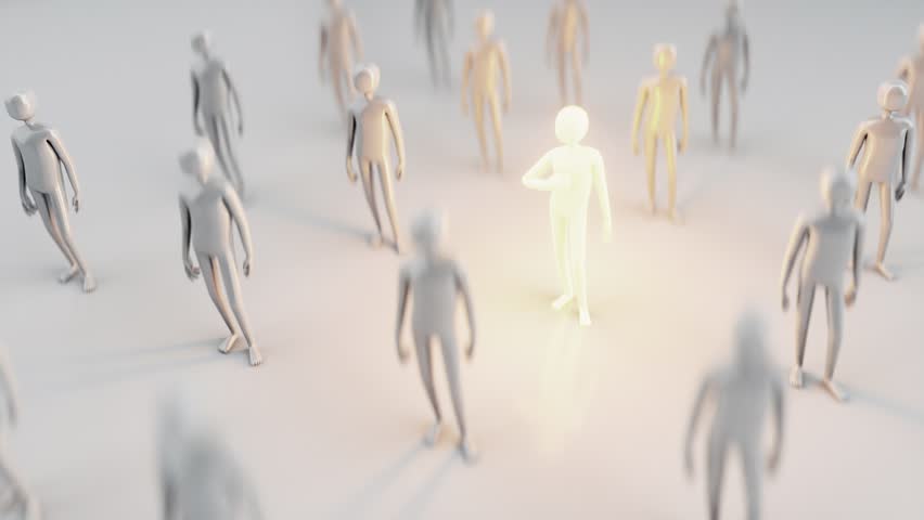 Abstract Monochrome Humanoid Figures on Smooth Surface Study in Uniformity, Minimalism, Simplicity, and Order with Glowing Figure Symbolizing Individuality and Uniqueness