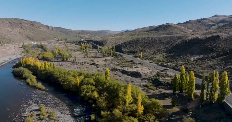 Autumn leaf color landscape with mountain view and white van driving in rural road under clear blue sky. Neuquen, Argentina
