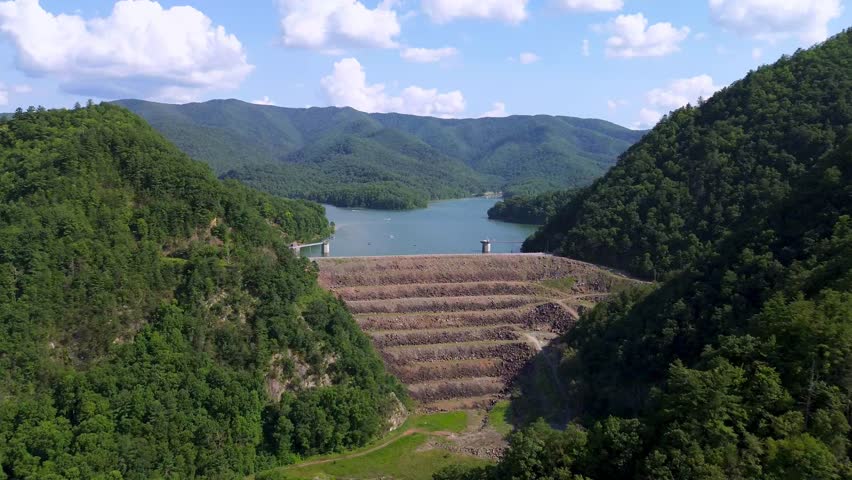 aerial zoom in to dam at watauga lake near elizabethton tennessee