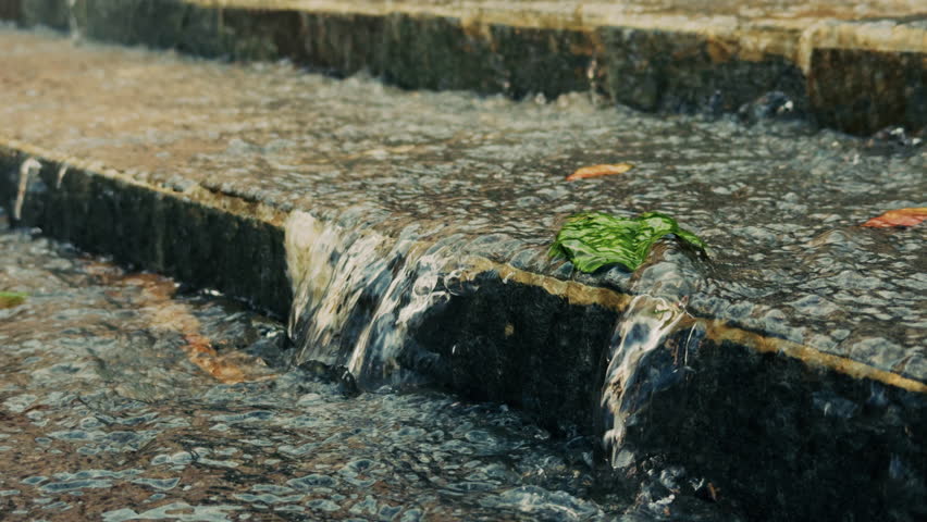 Leaves Falling from Waterfall Stone Steps