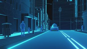 An autonomous vehicle navigates a futuristic wireframe city street, detecting pedestrians using sensor technology to ensure safety on the road and at a crosswalk. - Powered by Shutterstock - Get 15% off with code: PIKWIZARD15