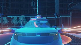 An autonomous taxi navigates a digital wireframe city street, utilizing advanced sensors represented by glowing overlays to detect pedestrians and ensure safe transportation in the future. - Powered by Shutterstock - Get 15% off with code: PIKWIZARD15