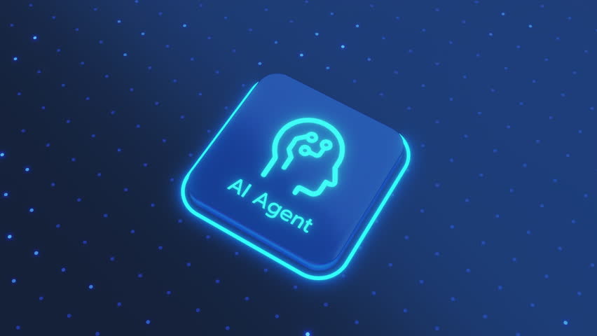 Animated 3D representation of a business process workflow flowchart. Features nodes for AI agent, customer response, order management, inventory, invoicing, and email notification.