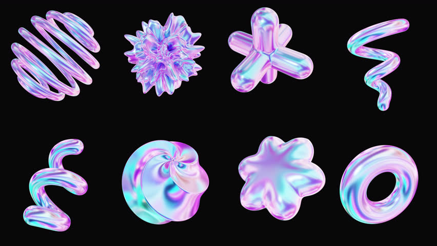Abstract 3D set of holographic iridescent metal shapes rotation on alpha. Vibrant futuristic objects pack, motion looped animation design