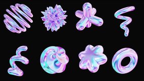 Abstract 3D set of holographic iridescent metal shapes rotation on alpha. Vibrant futuristic objects pack, motion looped animation design - Powered by Shutterstock - Get 15% off with code: PIKWIZARD15